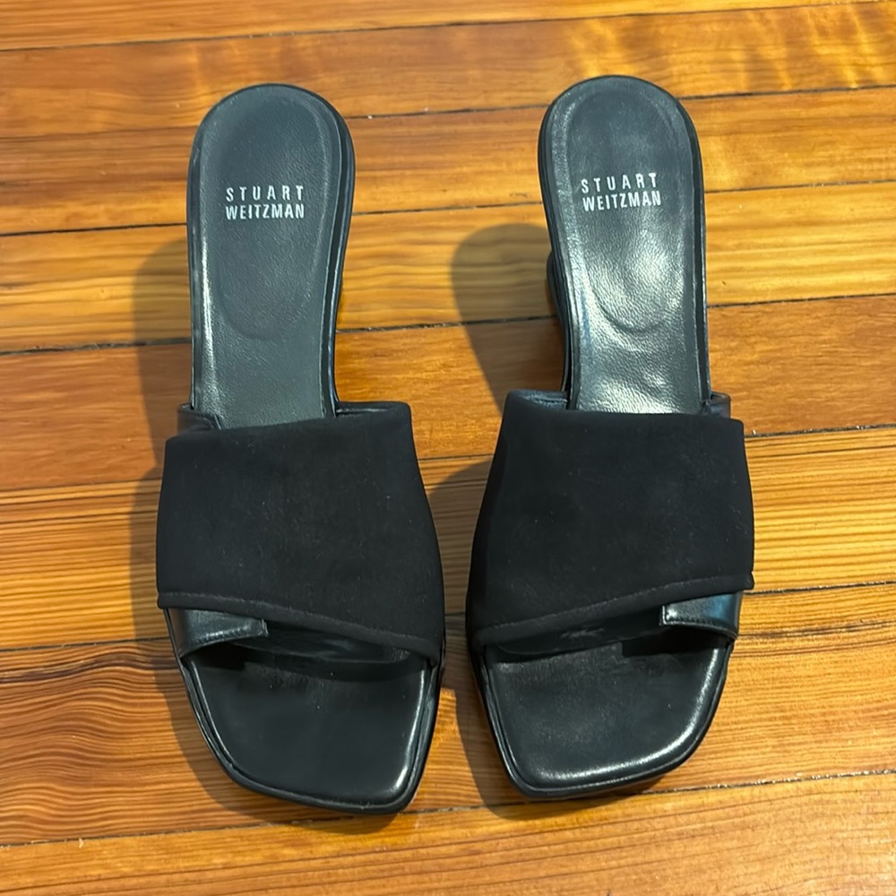 Stuart Weitzman black leather wedge slide, size 5W